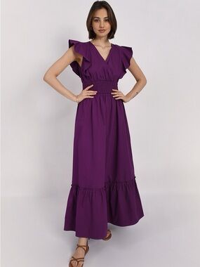 Molly Bracken Cotton Royal Purple Flutter Sleeve Maxi Volume Dress Size Small